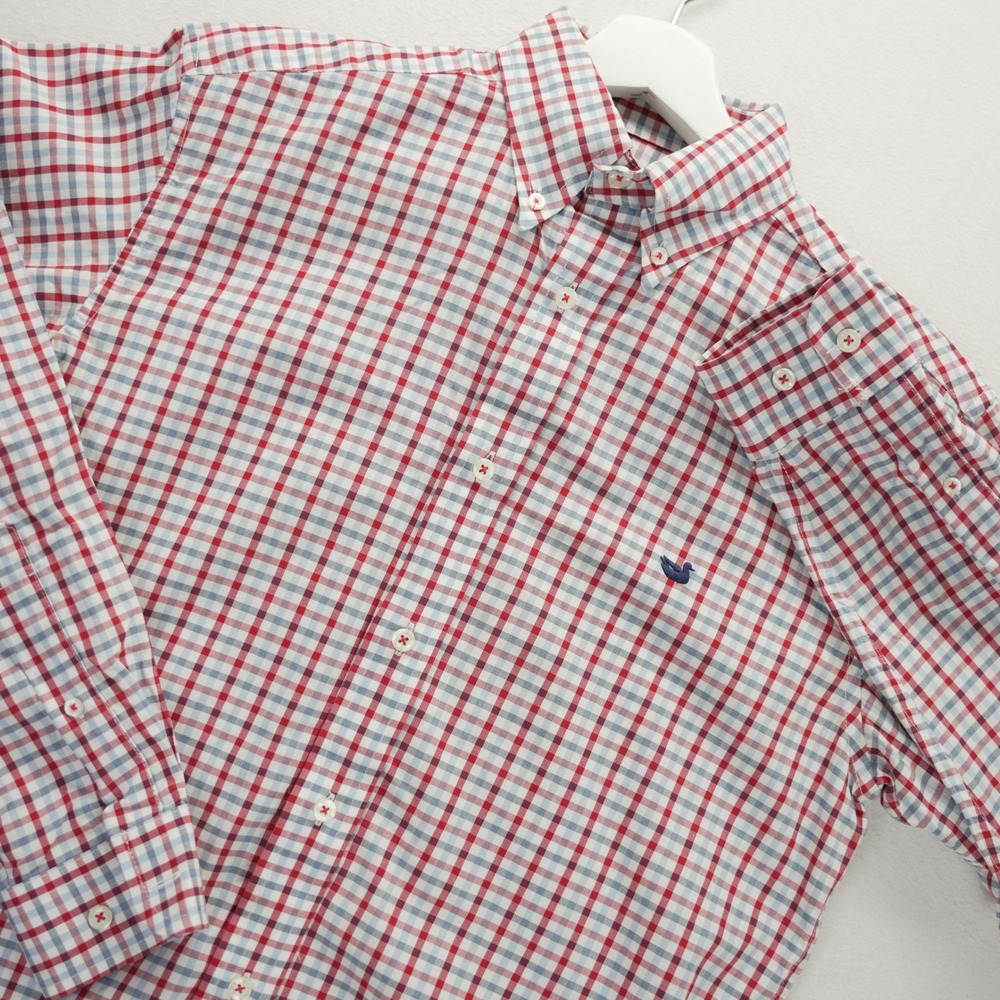 Southern Marsh Mens Small Shirt‎ Red White Blue Plaid Wrinkle Free Button Down S